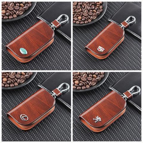 Car Logo Leather Wood Texture Car Key Case