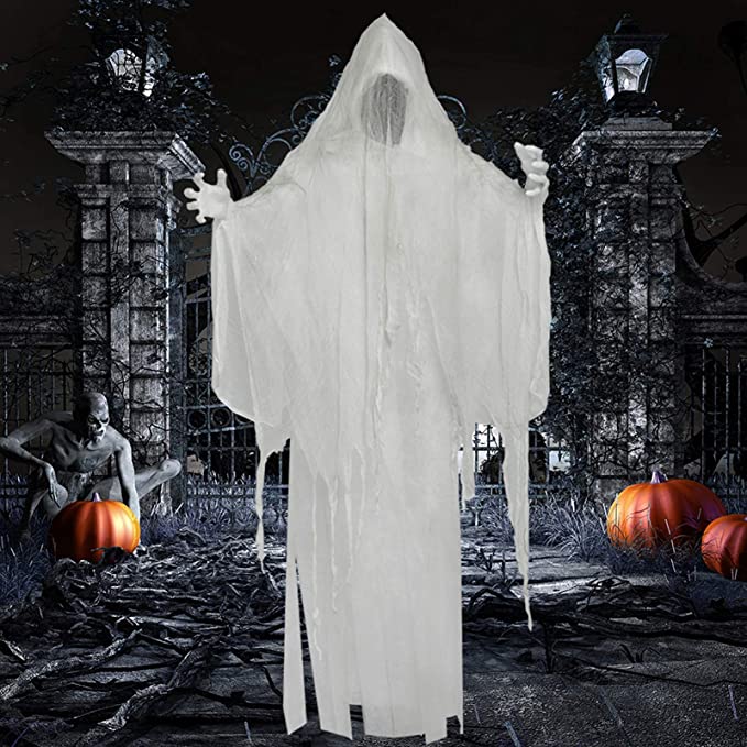 Halloween White Hanging Ghost, Faceless Ghost with Scary Sound Induction and Lighting Effect, Party Yard Decor