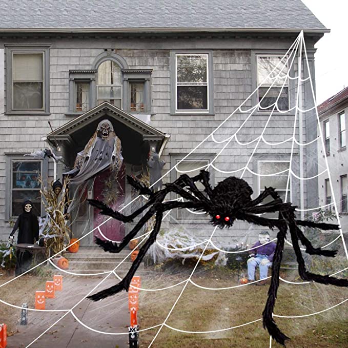 200'' Halloween Spider Web Decor 59'' Giant Spider Decorations with LED Eyes