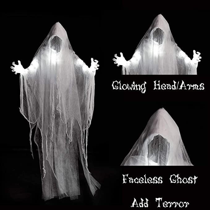 Halloween White Hanging Ghost, Faceless Ghost with Scary Sound Induction and Lighting Effect, Party Yard Decor