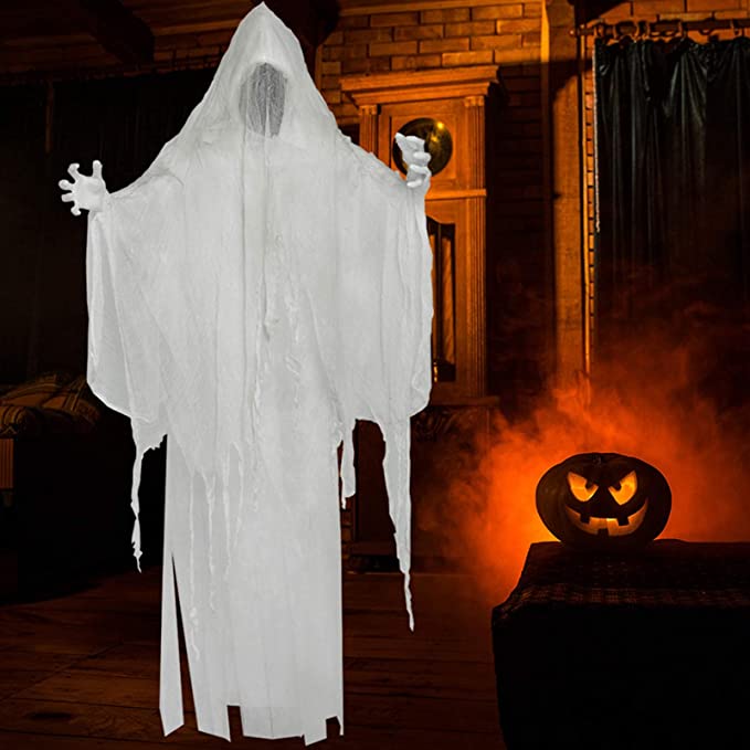 Halloween White Hanging Ghost, Faceless Ghost with Scary Sound Induction and Lighting Effect, Party Yard Decor