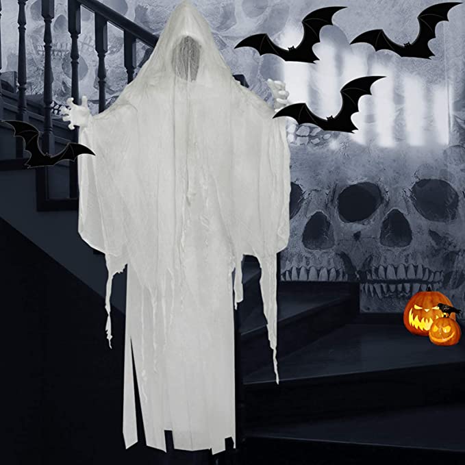 Halloween White Hanging Ghost, Faceless Ghost with Scary Sound Induction and Lighting Effect, Party Yard Decor