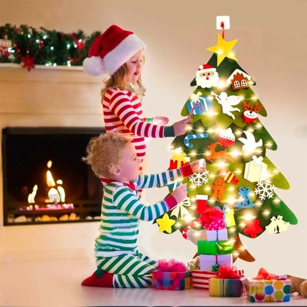 🧒🎄Felt Christmas Tree Set With 32PCS Ornaments Wall Hanging Tree &amp, 35LED String Lights