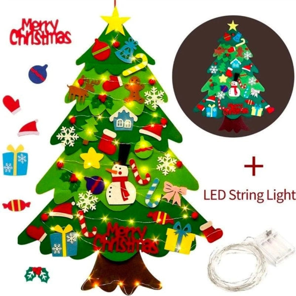 🧒🎄Felt Christmas Tree Set With 32PCS Ornaments Wall Hanging Tree &amp, 35LED String Lights