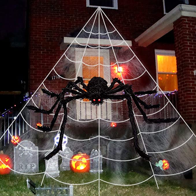 200'' Halloween Spider Web Decor 59'' Giant Spider Decorations with LED Eyes