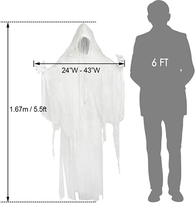 Halloween White Hanging Ghost, Faceless Ghost with Scary Sound Induction and Lighting Effect, Party Yard Decor