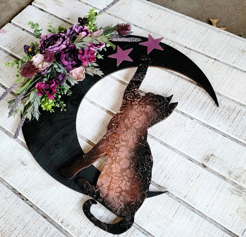 Witchy Celestial Door/Art Halloween Lunar Decor Kitty Lovers Gift